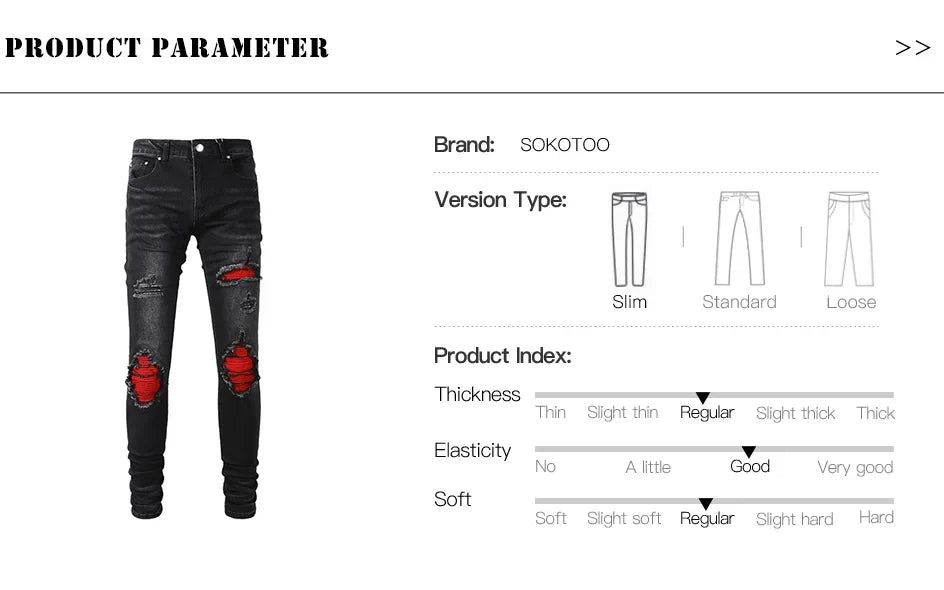Men's Cracked Red Pleated Patch Biker Jeans Streetwear Patchwork Stretch Denim Pants Skinny Tapered Black Trousers