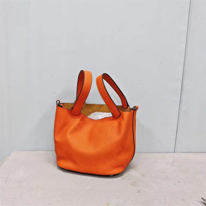 Top Layer Cowhide Leather Handbag European Sle Buet Bag Fre Vegetable Basket Ladies Handbag Soft Handle Casual Faion