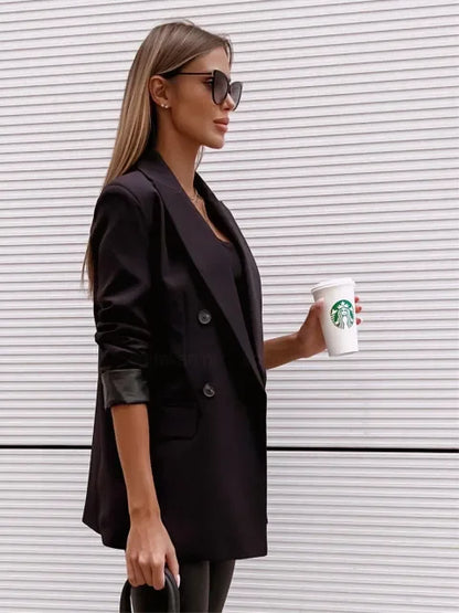 Autumn Winter New Style Women's Suit Coat Long Sleeve Double Buttoned Outerwear Top Cross-Border Fashion Polyester Fiber