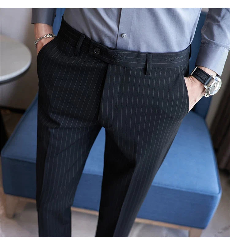 New Korean Style Fashion Striped Embroidery Suit Pants Men's Business Slim Casual Straight Pants Formal Wedding Party Trousers