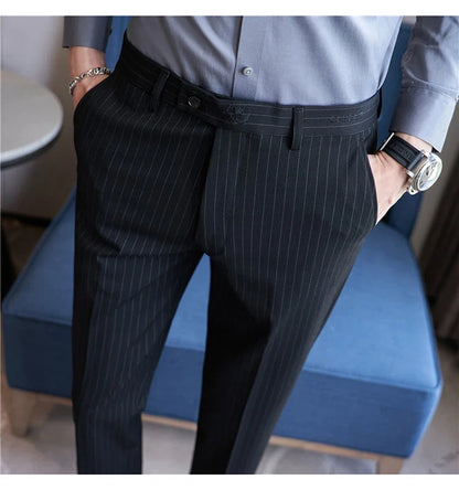 New Korean Style Fashion Striped Embroidery Suit Pants Men's Business Slim Casual Straight Pants Formal Wedding Party Trousers