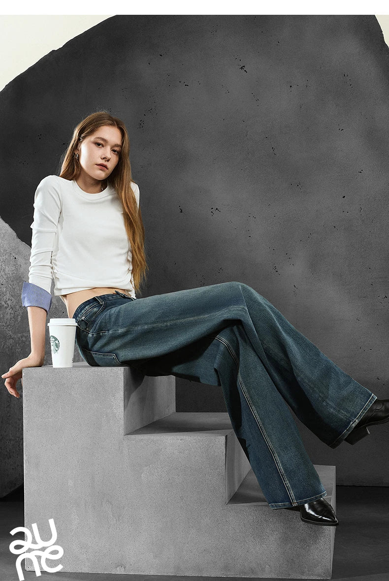 Women Denim Jeans 2025 Autumn New Lycra Stretch Straight Wide Leg Long pants