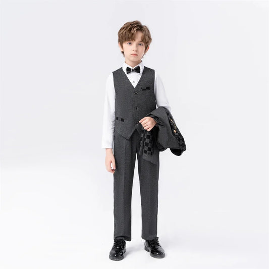 New Handsome Kids Suit Set 5 Pieces Blazer Vest Pants Bow-tie Brooch Classic Boys Suits For Piano Performance Birthday Party