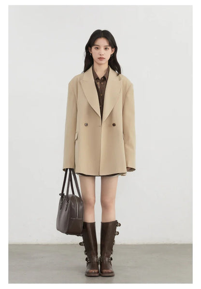Women Blazers Solid Loose Double-breasted Wide Shoulder Office Ladies Suit Jacket Oversized Coat Spring Autumn 2026