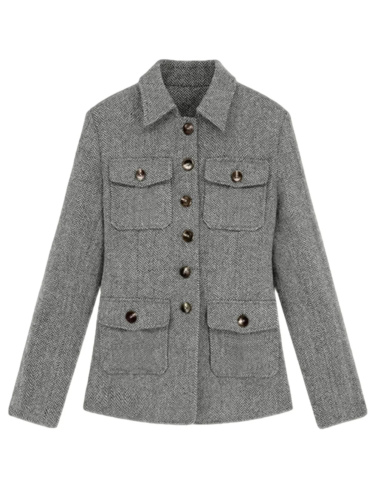Men's Herringbone Wool Blend Blazer Jacket Notch Collar Utility Multi-Pocket Casual Overcoat For Spring Autumn