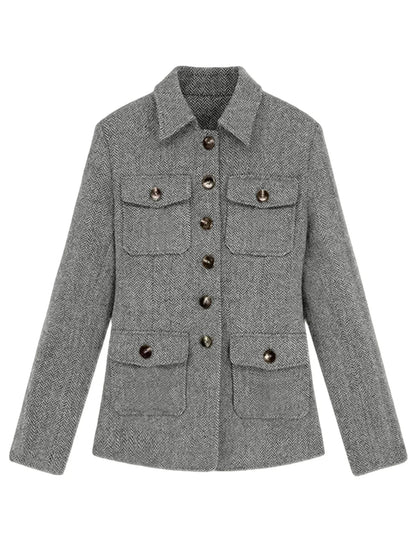 Men's Herringbone Wool Blend Blazer Jacket Notch Collar Utility Multi-Pocket Casual Overcoat For Spring Autumn