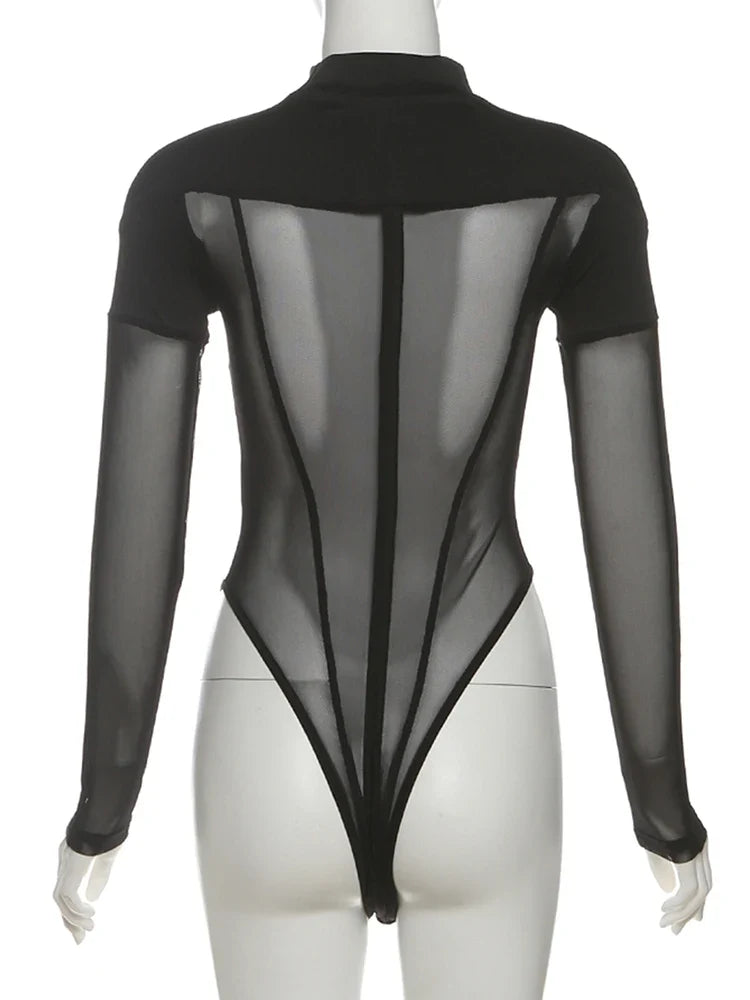 Weird Puss Coquette See Through Bodysuit Women Sexy Wild Mesh Hipster Patchwork Full Sleeve Midnight Stretch Street Clubwear