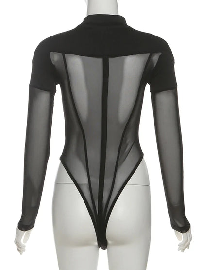 Weird Puss Coquette See Through Bodysuit Women Sexy Wild Mesh Hipster Patchwork Full Sleeve Midnight Stretch Street Clubwear