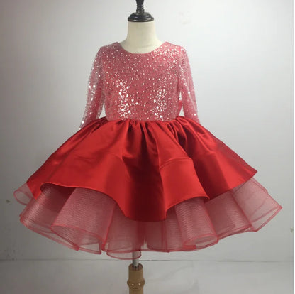 Customized Flower Girl Dresses Ivory Tulle Satin Sequin With Bow Long Sleeve For Wedding Pagant Birthday Holy Communion Gown