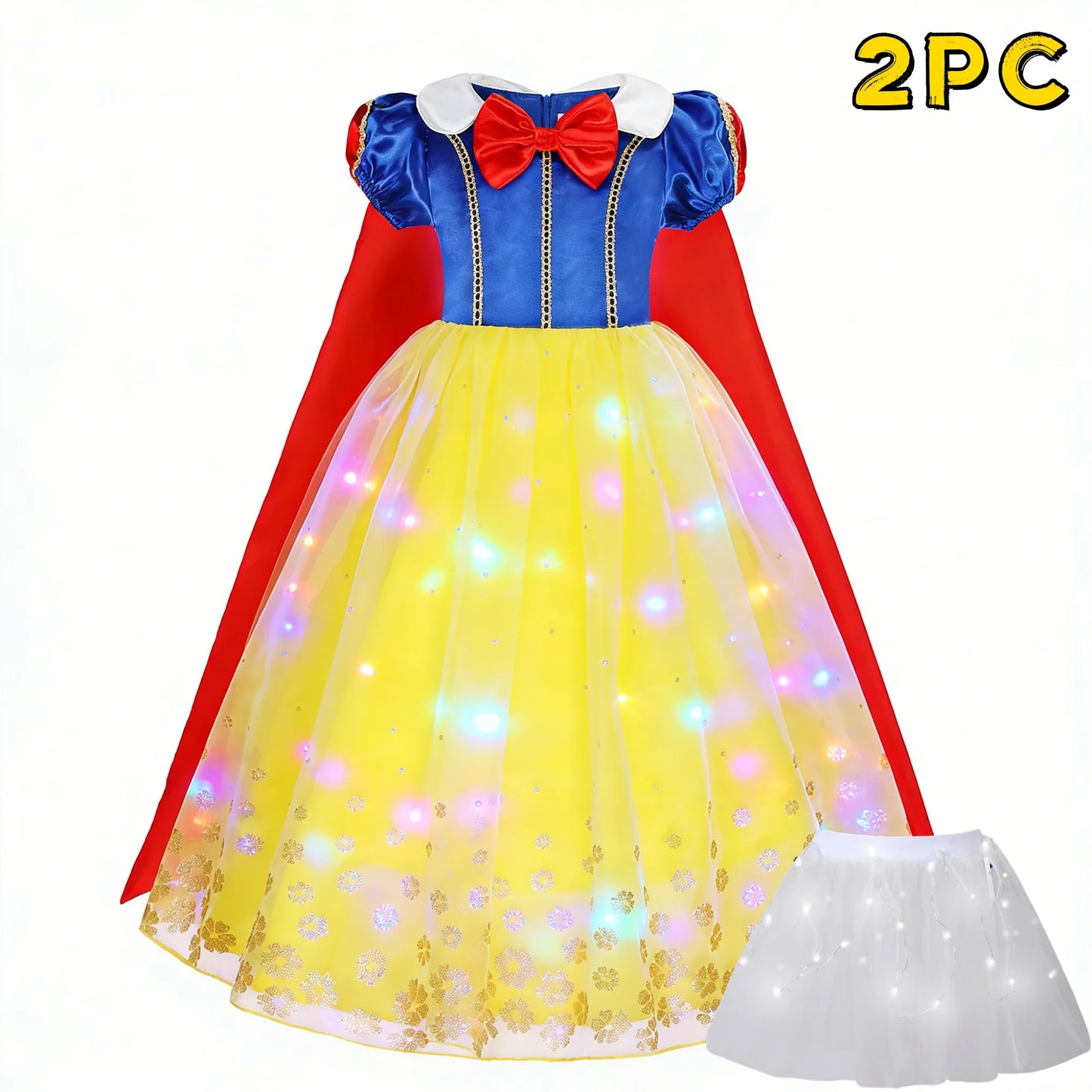 Popular Movie LED Princess Dress, White Snow Dress, With Cape And Headpiece For Halloween Carnival Birthday Party Cosplay