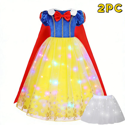 Popular Movie LED Princess Dress, White Snow Dress, With Cape And Headpiece For Halloween Carnival Birthday Party Cosplay