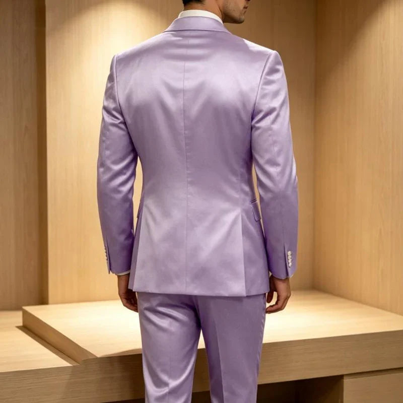 Luxury Men's Shiny Satin 2 Piece Suit Peak Lapel Double Breasted Jacket Pants Elegant Slim Fit Formal Tuxedo for Wedding Party
