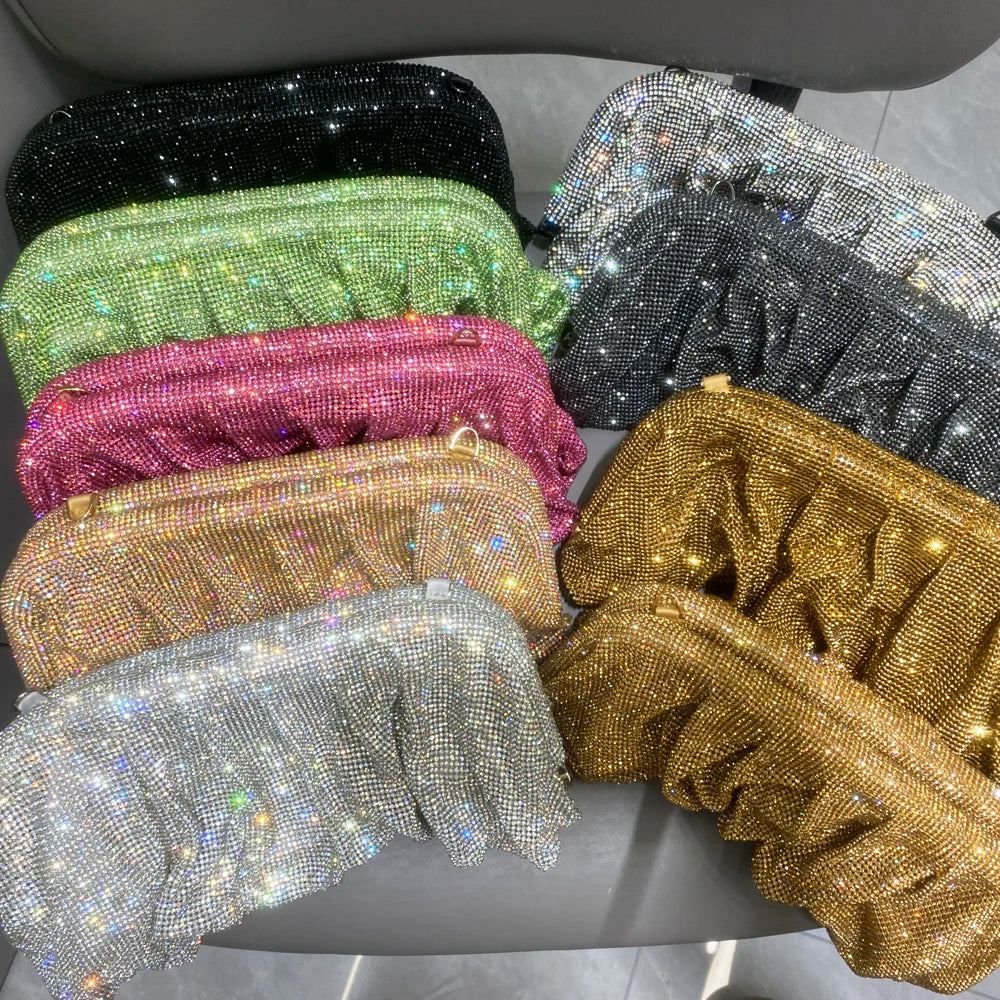 Shiny Handle Rhinestones Handmade Evening Clutch Bags New Folds Purses And Handbags Luxury Designer Wedding Party High Quality