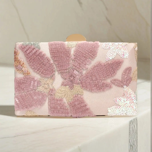 Random Pattern Women's Floral Pattern Clutch Bag, Fashion Retro Sequin Embroidery Floral Chain Evening Bag, Mini Box Bag For Par