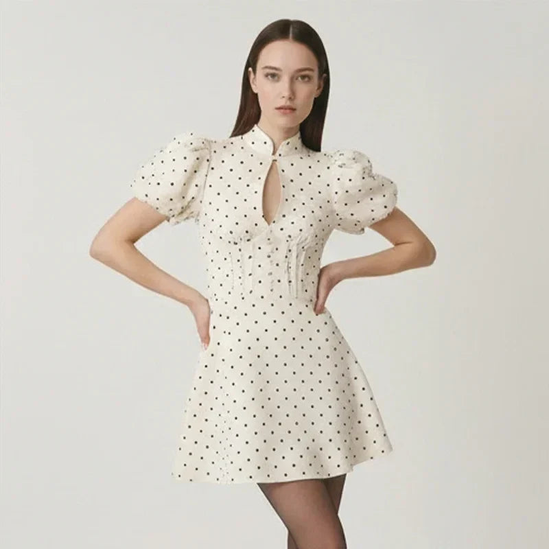 Retro Polka Dot Mini A-line Dress Elegant Stand Collar Puff Short Sleeve Waist-cinching Dresses 2026 New Lady Party Gowns