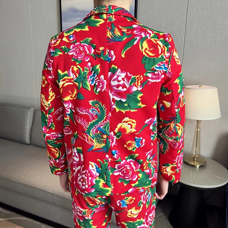 2026 Thin Men's Black Printed Suit Jacket, Asian Size V-Neck Single Button Blazer, Red Nostalgic Style Long Sleeve Cotton Coat.