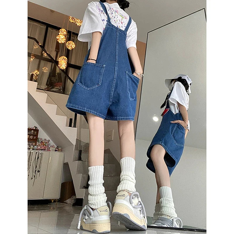 Women Streetwear Kawaii Denim Shorts Overalls Lady Fashion Embroidery Oversize Wide Leg Jeans Female Y2k Clothes Deep Blue Pants