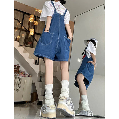Women Streetwear Kawaii Denim Shorts Overalls Lady Fashion Embroidery Oversize Wide Leg Jeans Female Y2k Clothes Deep Blue Pants