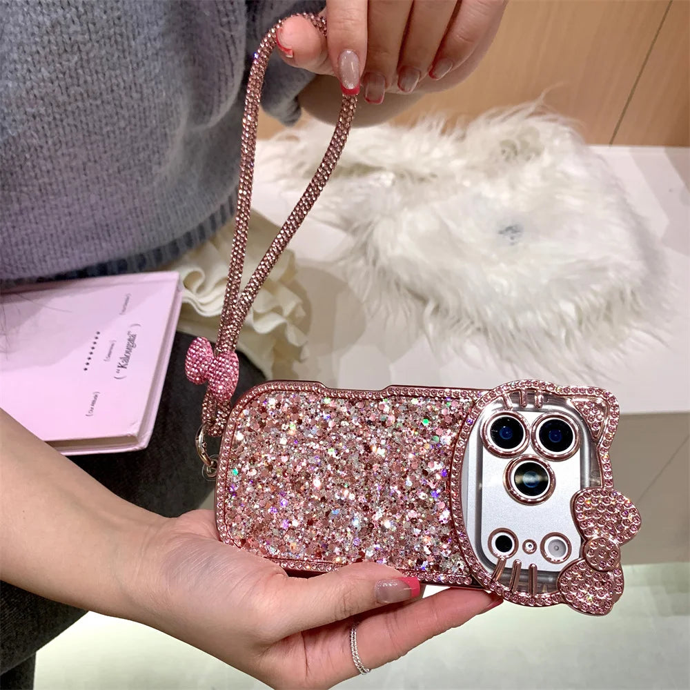 Cute Camera 3D Hellokitty Luxury Glitter phone case for iPhone 17 11 12 13 14 15 plus 16 Pro Max Fundas With Chain Shockproof Ca