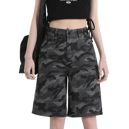Women's High Waist Loose Straight Leg Camouflage Denim Shorts Korean Y2K Spring Summer Streetwear Five-Point Jeans