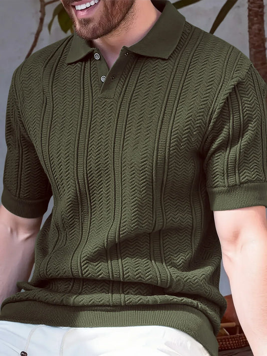 New 2026 Knitted Polo Shirt - Twisted Knit Texture Men's Summer Casual Collar Short Sleeve Buttoned Solid Color Hooded Knitted T