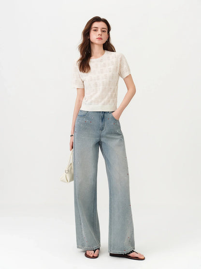 2026 Summer Women's Textured Cut-out Round Neck Short Sleeve Knit Top Soft Lightweight Breathable Blouse Elegant Style