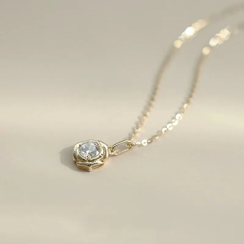 925 Sterling Silver Plated 14k Gold Shiny Zircon Flower Necklace for Women Girl Korean Temperament Exquisite Jewelry Gifts
