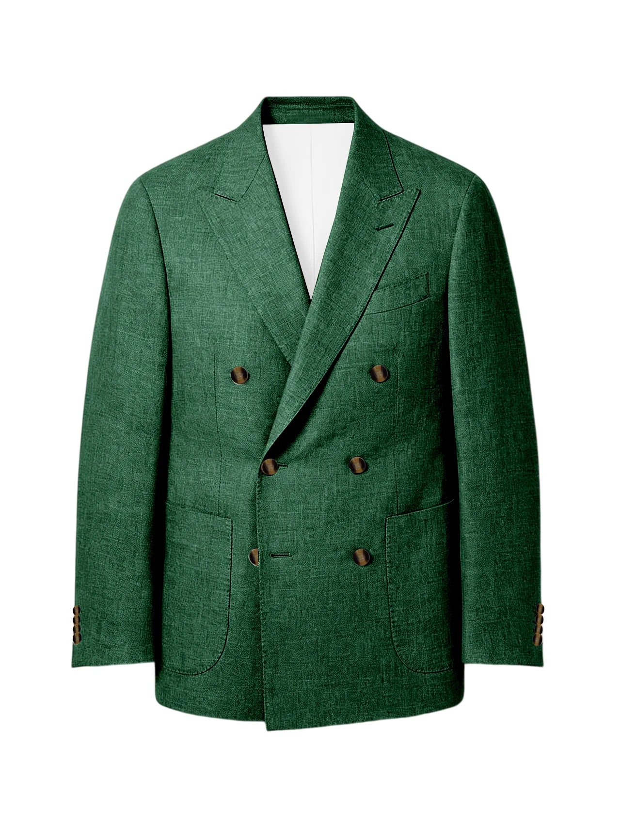 Men's Linen Double Breasted Blazer Peak Lapel Casual Business Suit Jacket With Patch Pockets For Daily Office Wear
