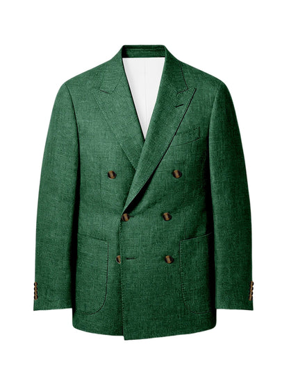 Men's Linen Double Breasted Blazer Peak Lapel Casual Business Suit Jacket With Patch Pockets For Daily Office Wear