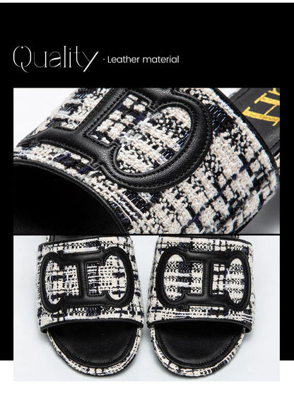 Middle heel square heel slippers fabric fashion casual shoes luxury brand slippers girls street commuter slippers