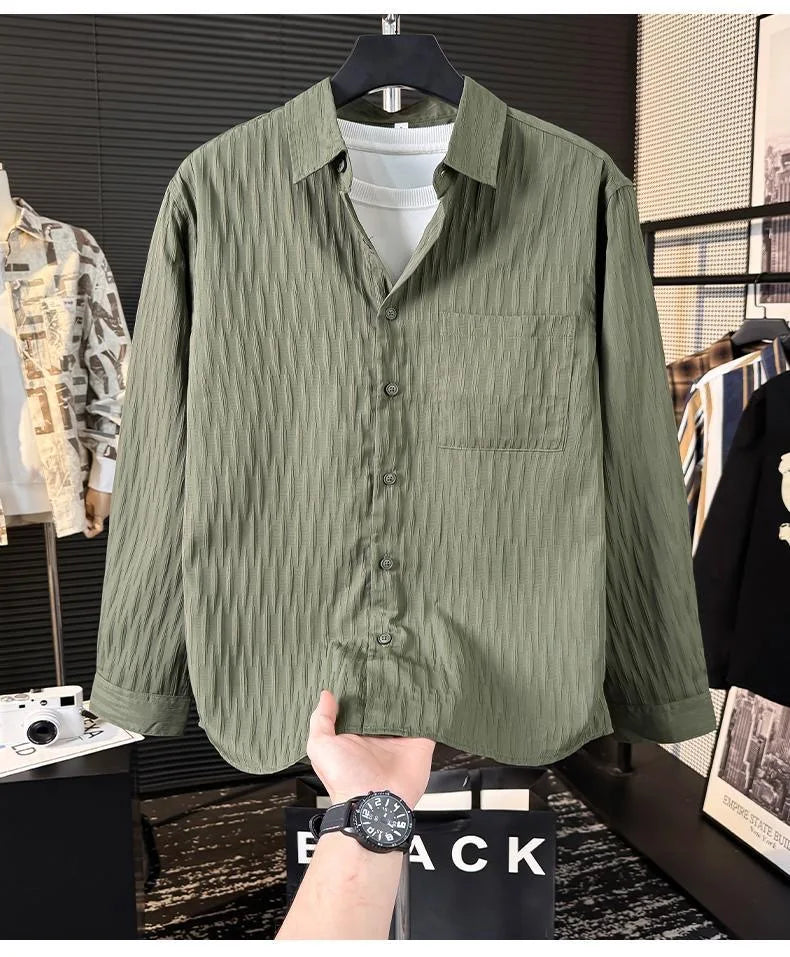 Casual Ice Silk Bubble Men's Anti-Wrinkle Summer Loose Fashionable Long Sleeve Shirt Urban Style Flip Collar Button Closure