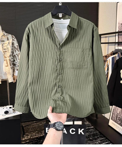 Casual Ice Silk Bubble Men's Anti-Wrinkle Summer Loose Fashionable Long Sleeve Shirt Urban Style Flip Collar Button Closure