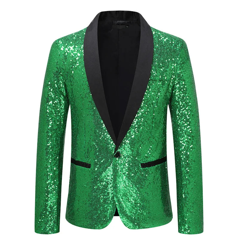 2026 Men's Suit Jacket, Shiny Sequin Stage Performance Coat, White Silver Blue Red Purple Blazers V-neck Single Button