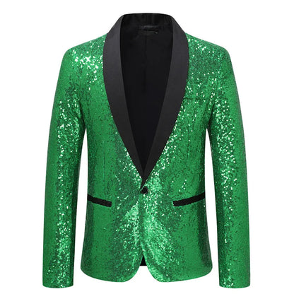 2026 Men's Suit Jacket, Shiny Sequin Stage Performance Coat, White Silver Blue Red Purple Blazers V-neck Single Button