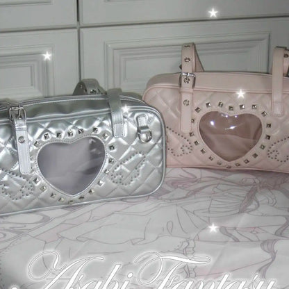 Pink Transparent Pocket Japanese Itabag Rivet Design Lolita Shoulder Bag PU Leather Harajuku Pain Bags Y2k Sweet Handbags Girls