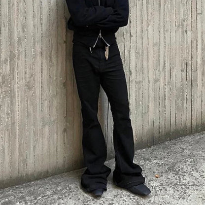 Style Ribbons slightly Stretch Baggy Flared Jeans for Men High Street Black Color Boom Cut Oversized Casual Denim Trousers
