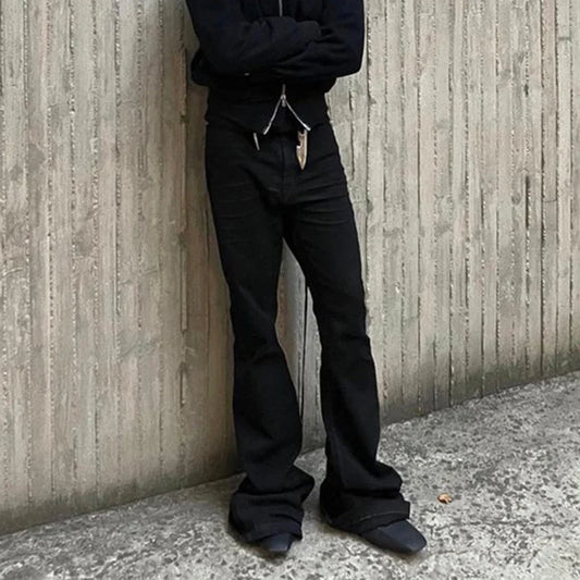 Style Ribbons slightly Stretch Baggy Flared Jeans for Men High Street Black Color Boom Cut Oversized Casual Denim Trousers
