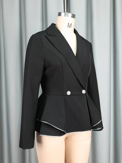 Stylish Black Long Sleeve Peplum Blazer Women with Silver Binding Formal Office Lady Business Autumn Winter Work Outfits