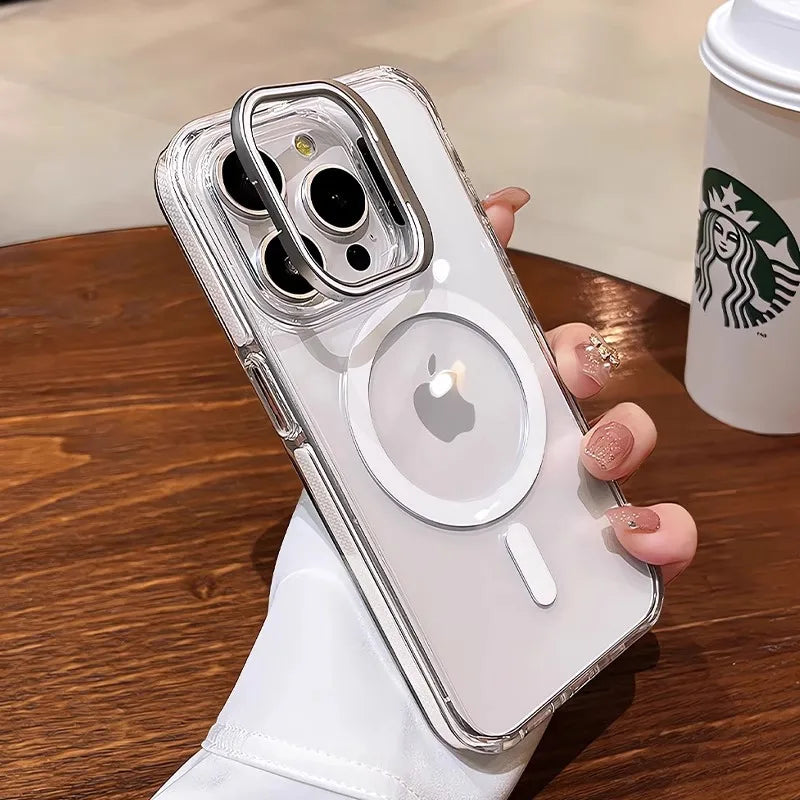 Luxury Lens Holder Shockproof Magnetic Case For iPhone 16 15 14 Plus 13 12 17 Pro Max 17Air 16e Magsafe Fashion Clear Cover