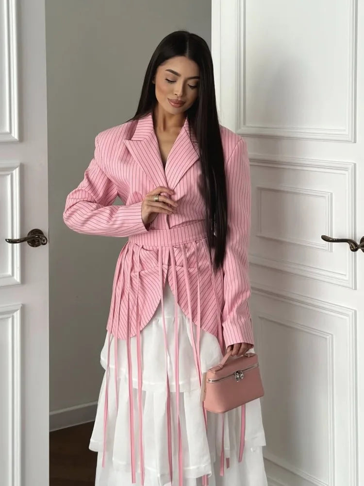 Women's Spring Summer Lapel Stripe Print Fringe Detail Blazer Elegant Formal Party 2026 Trendy Feminine Fashion Blazer
