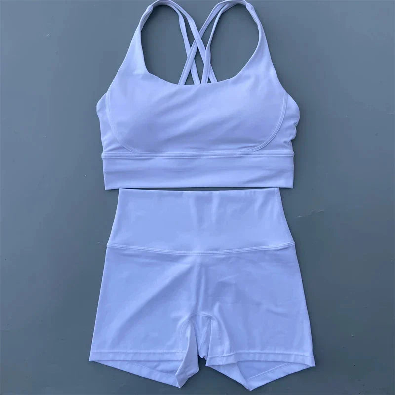 Solid Color gym bike Yoga Set short Legging +cross sport bra Tracksuit  Athletic Women Gym Suit Comprehensive Training Jogging