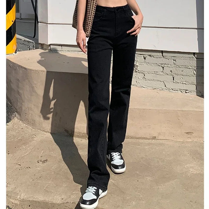 Woman Korean High Waist Streetwear Straight Leg Jeans Girls Y2k Clothes Pants Female Fashion Black Baggy Harajuku Denim Trousers