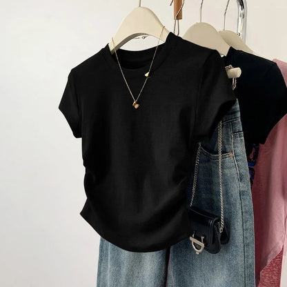 Summer Slim Fit Top for Women Casual Threaded Waist Cinched U-Shaped Hem Short Sleeve Irregular Hemline Women's Clothing