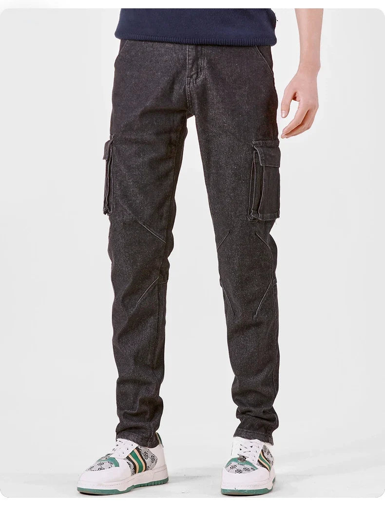 Men's Street Style Elastic Waist Denim Cargo Pants Solid Color Washed Slim Fit Casual Jeans with Multiple Pockets for Daily Wear