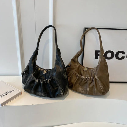 Distressed Vintage Shoulder Bags Women Pleated Y2K Design Large Capacity Retro Hobo Bag 2025 New Designer Handbags Luxury