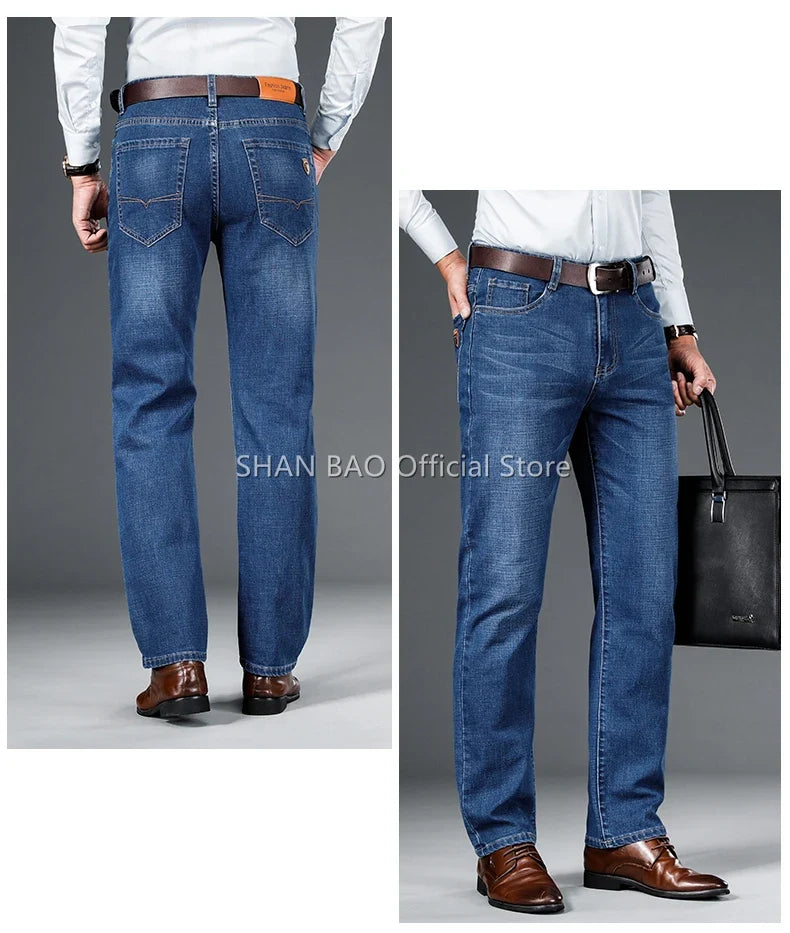2024 autumn spring fitted straight stretch denim jeans classic style badge youth men's business casual jeans trousers