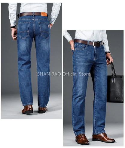 2024 autumn spring fitted straight stretch denim jeans classic style badge youth men's business casual jeans trousers
