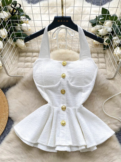 American Summer Women Camisole Halter Buttons Y2K Solid Slim Fit Tops Fashion Chic Tweed Design Hotsweet Tank Top