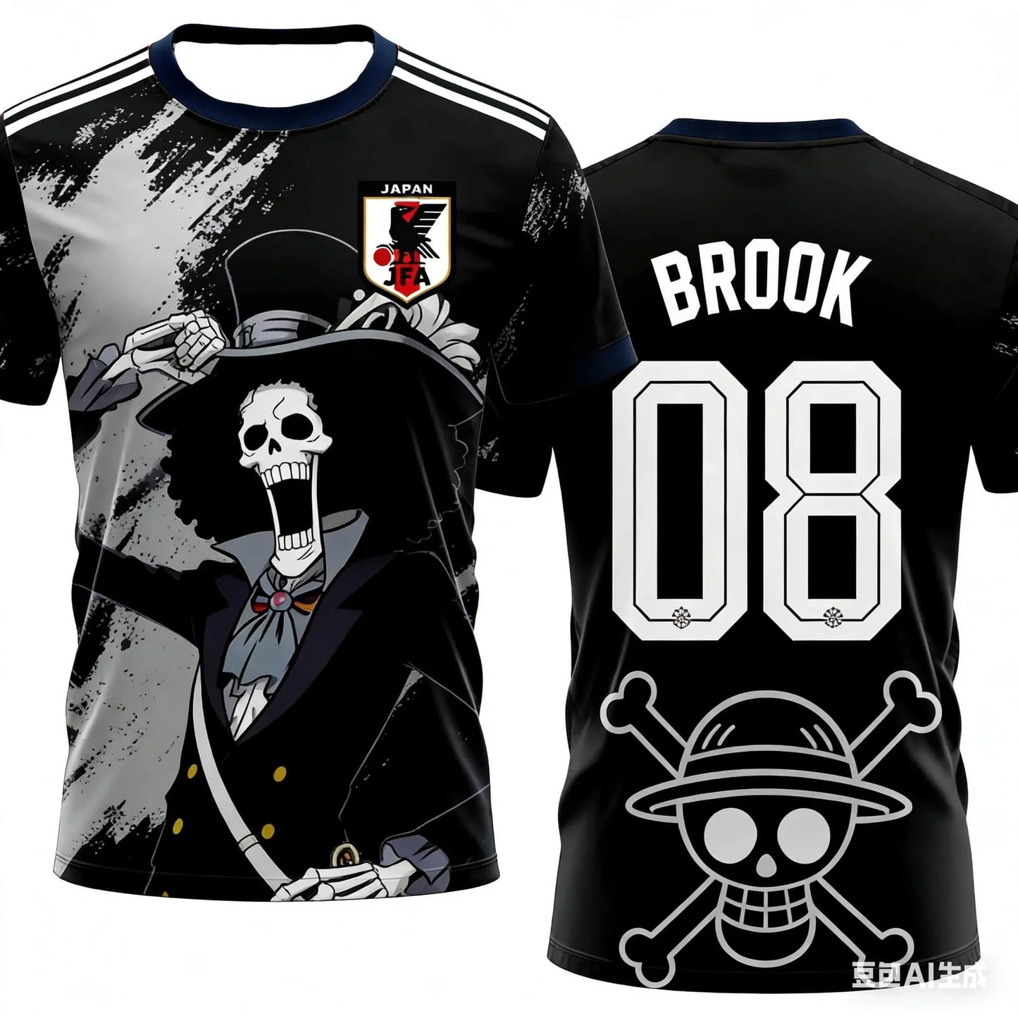 Japan Football Team Brook Anime Tee for Men Women, One Piece Graphic Soccer Jersey T-Shirt, Casual Fan Gift Top