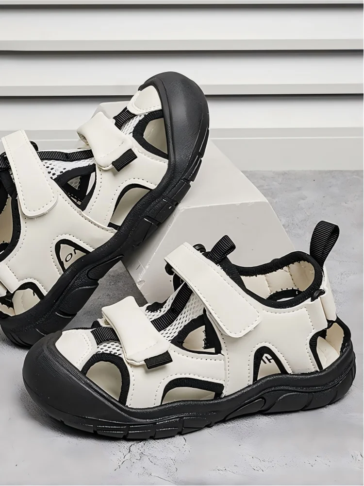 Kids'Casual Shoes Sandals PU Leather Summer Shoes For Boys Hook and Loop Color-Blocking Anti-slip Blue Black Shoes Size 26-37